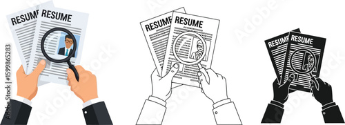 Resume review and selection process for job applications with magnifying glass and hands illustration vector