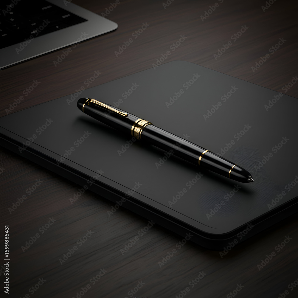 Black fountain pen resting on a black leather notebook on a dark wooden desk. Elegant writing instrument poised atop a professional's workspace. Black fountain pen resting on a black leather notebook on a dark wooden desk. Elegant writing instrument poised atop a professional's workspace.
