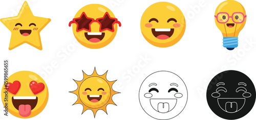 Vector emoji set cute cartoon smiley faces stickers with different expression isolated on white background vector