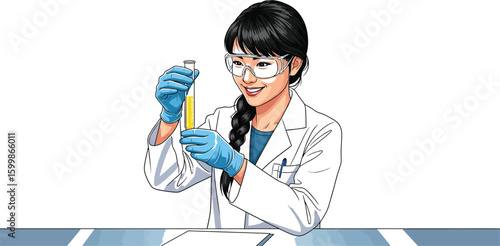 A smiling woman scientist in a lab coat and safety glasses holds a test tube with yellow liquid, showcasing scientific research and laboratory analysis in a professional setting.