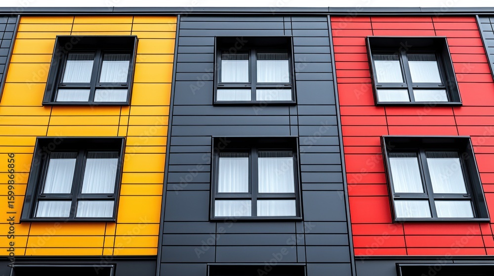 Obraz premium Vibrant Modern Building Facade with Yellow, Red, and Black Panels