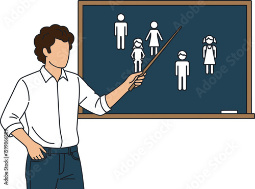 Cartoon illustration of a teacher pointing to a chalkboard with stick figures representing a family, ideal for educational content about family studies or social structures.