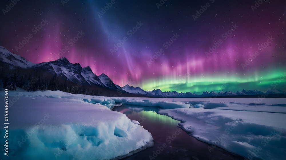 Naklejka premium Northern lights over snowy mountains and calm water at night