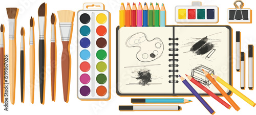 Art supplies watercolor painting sketchbook drawing tools creative design