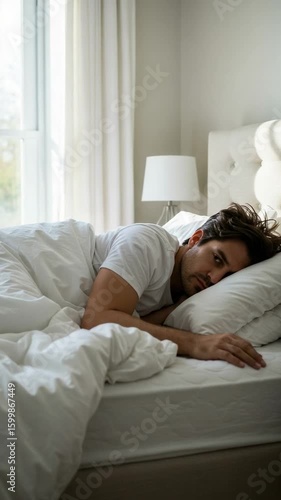 A tired young man lies awake in bed, looking at the camera. Restless man with insomnia in a bright bedroom.