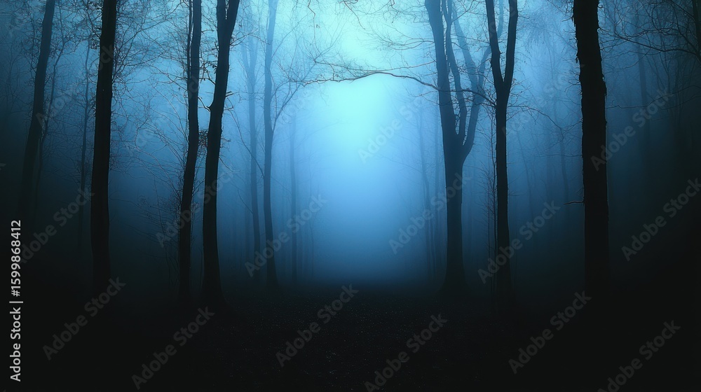 Fototapeta premium Enigmatic Blue Forest: A Mystical Path Through Fog
