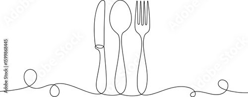 Minimalist black line art of cutlery and decorative swirls spoon fork