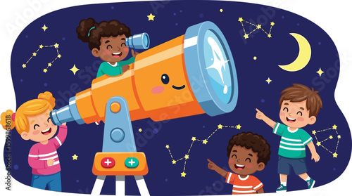 Cartoon children explore the night sky with a large telescope, surrounded by stars and a crescent moon, creating a whimsical scene perfect for educational materials.