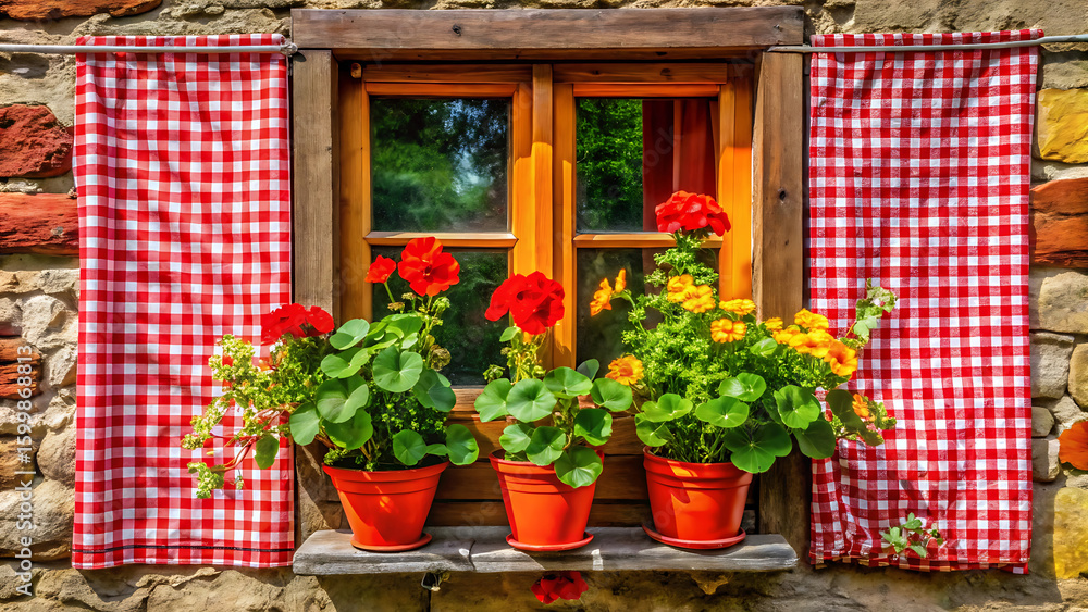 Obraz premium Folk style window with bright red frame and gingham curtain aesthetic