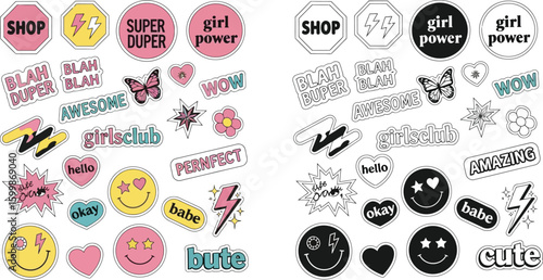 Cute stickers for girls power and girl club with trendy design and awesome shapes for decoration vector