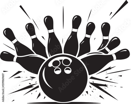 Vintage Bowling Ball Hitting Pins – Sports Silhouette vector.