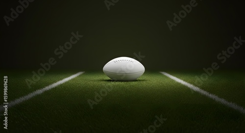 Rugby ball sits silently on the white painted grass marking of a dark stadium field waiting for the start of an intense professional competitive match.