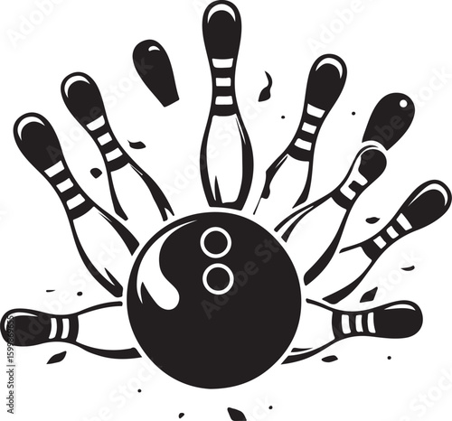 Vintage Bowling Ball Hitting Pins – Sports Silhouette vector.
