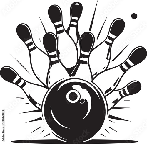 Vintage Bowling Ball Hitting Pins – Sports Silhouette vector.