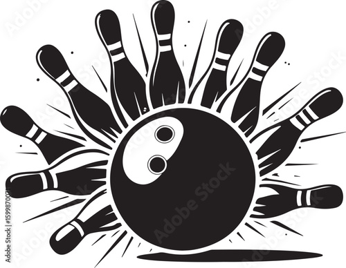 Vintage Bowling Ball Hitting Pins – Sports Silhouette vector.