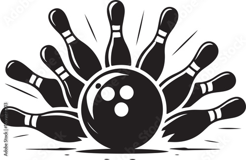 Vintage Bowling Ball Hitting Pins – Sports Silhouette vector.