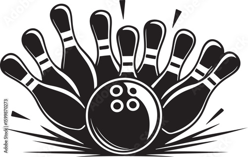 Vintage Bowling Ball Hitting Pins – Sports Silhouette vector.