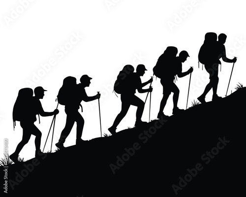 Mountain hiking silhouette illustration with sharp edges, backpacks, walking poses and grassy terrain
