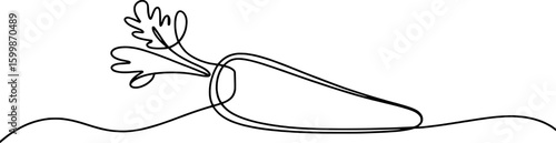 Single line drawing of a carrot with green leaves vegetable food