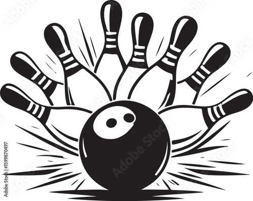 Vintage Bowling Ball Hitting Pins – Sports Silhouette vector.