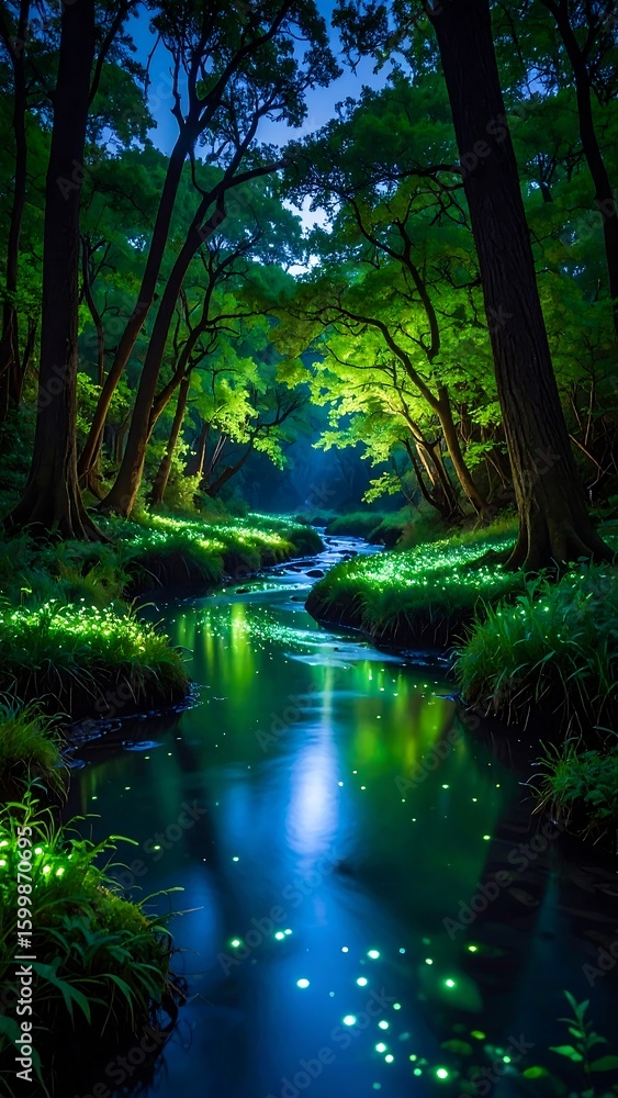 Obraz premium Lush forest stream at night