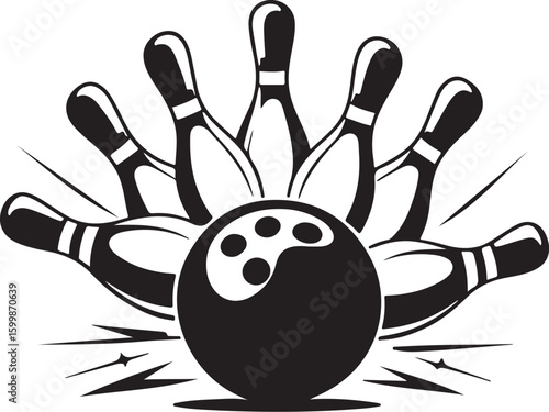 Vintage Bowling Ball Hitting Pins – Sports Silhouette vector.