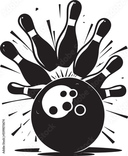 Vintage Bowling Ball Hitting Pins – Sports Silhouette vector.