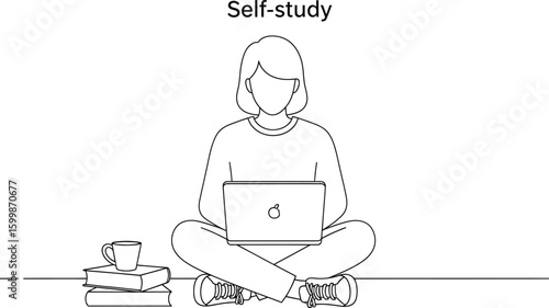 Line art illustration of a woman sitting cross-legged with a laptop, books, and a cup, representing self-study, learning, and education in a minimalist style for various creative projects.