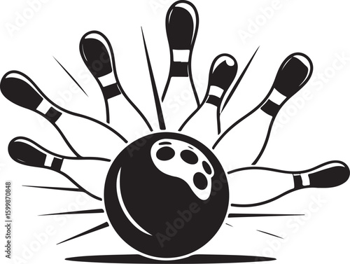 Vintage Bowling Ball Hitting Pins – Sports Silhouette vector.