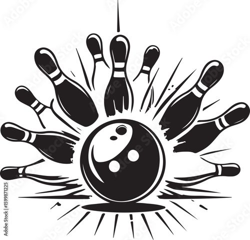 Vintage Bowling Ball Hitting Pins – Sports Silhouette vector.