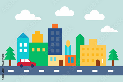 Colorful flat design cityscape with buildings trees clouds and a car