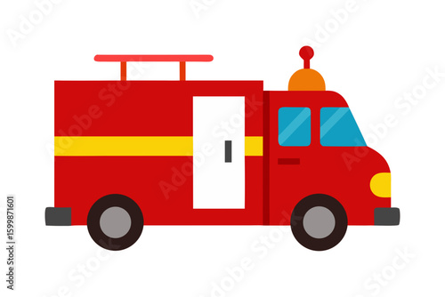 Simple cartoon illustration of a red fire truck with yellow stripe and white door
