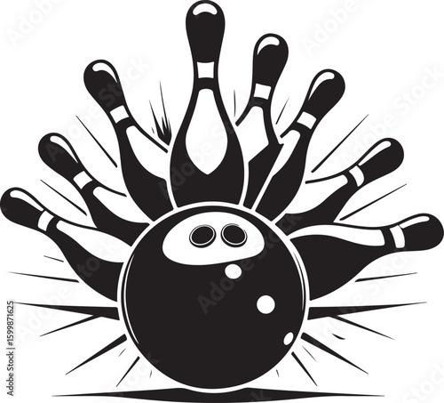 Vintage Bowling Ball Hitting Pins – Sports Silhouette vector.