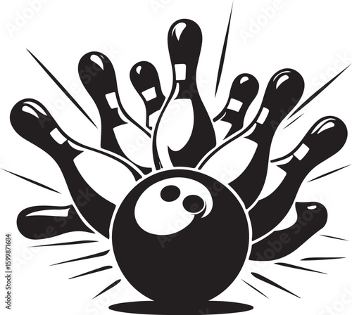 Vintage Bowling Ball Hitting Pins – Sports Silhouette vector.