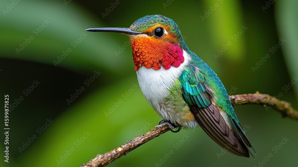 Obraz premium Vibrant hummingbird perched on branch, colorful plumage, tropical setting