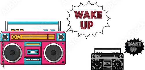 Retro boombox vector illustration with wake up message for music lovers and nostalgic design elements vector