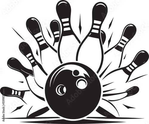 Vintage Bowling Ball Hitting Pins – Sports Silhouette vector.