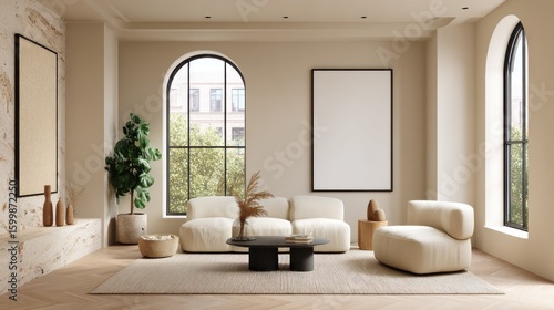 Beige living room interior with arched windows