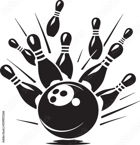 Vintage Bowling Ball Hitting Pins – Sports Silhouette vector.
