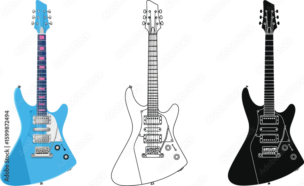 Obraz premium Electric guitar illustration set: blue guitar, line art guitar, black guitar vector design image vector