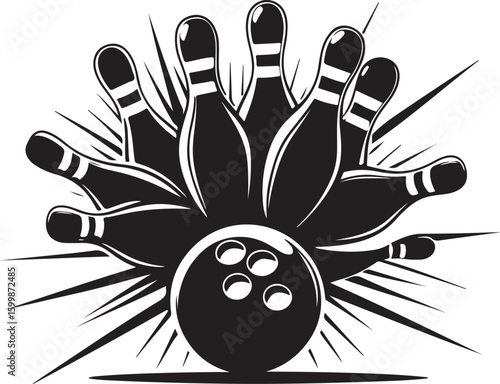 Vintage Bowling Ball Hitting Pins – Sports Silhouette vector.
