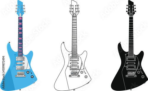 Electric guitar illustration set: blue guitar, line art guitar, black guitar vector design image vector