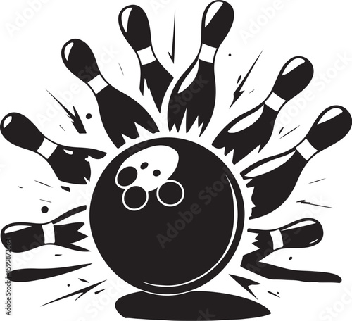 Vintage Bowling Ball Hitting Pins – Sports Silhouette vector.