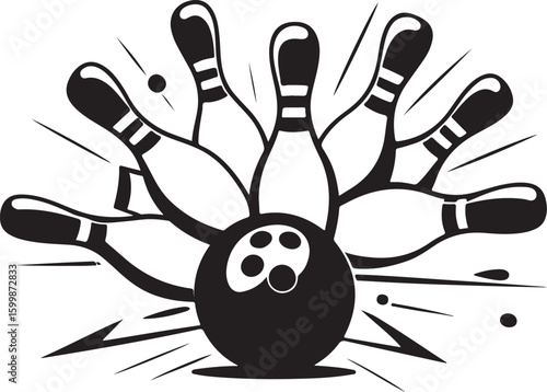 Vintage Bowling Ball Hitting Pins – Sports Silhouette vector.
