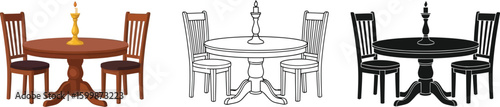 Dining room furniture set vector illustration round table and chairs with candle decorative element vector
