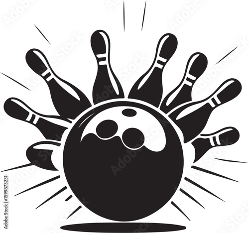 Vintage Bowling Ball Hitting Pins – Sports Silhouette vector.