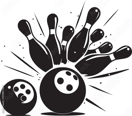 Vintage Bowling Ball Hitting Pins – Sports Silhouette vector.