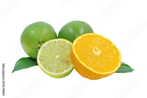 a group of limes and oranges with leaves