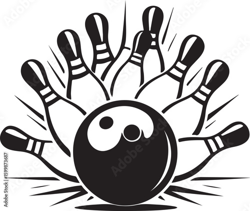Vintage Bowling Ball Hitting Pins – Sports Silhouette vector.