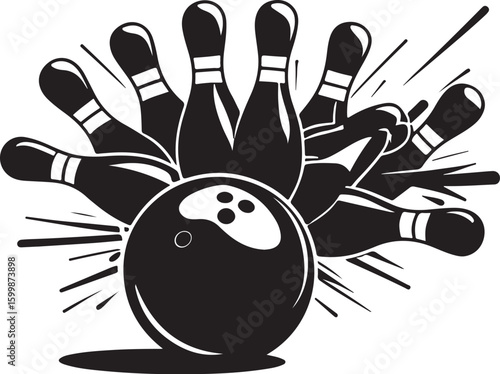 Vintage Bowling Ball Hitting Pins – Sports Silhouette vector.